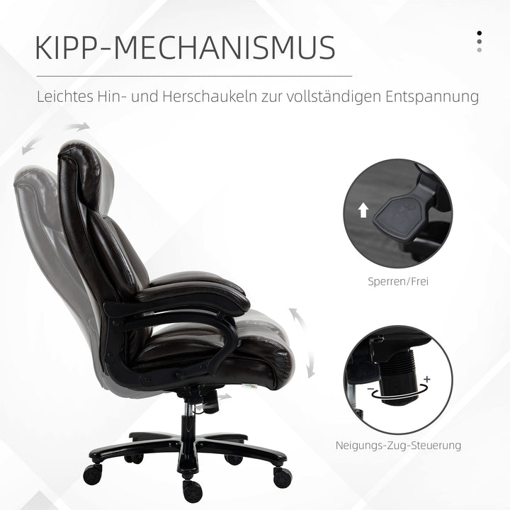 Kontorstol, executive stol, gaming stol, drejestol, gyngefunktion, tyk polstring, 180 kg lasteevne, ergonomisk design, højdejusterbar, kunstlæder, brun, 72 x 83 x 114-122 cm