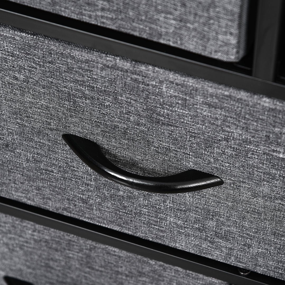 Kommode med 8 stofskuffer, 2 store, 6 små, metalstel, anti-tip, grå