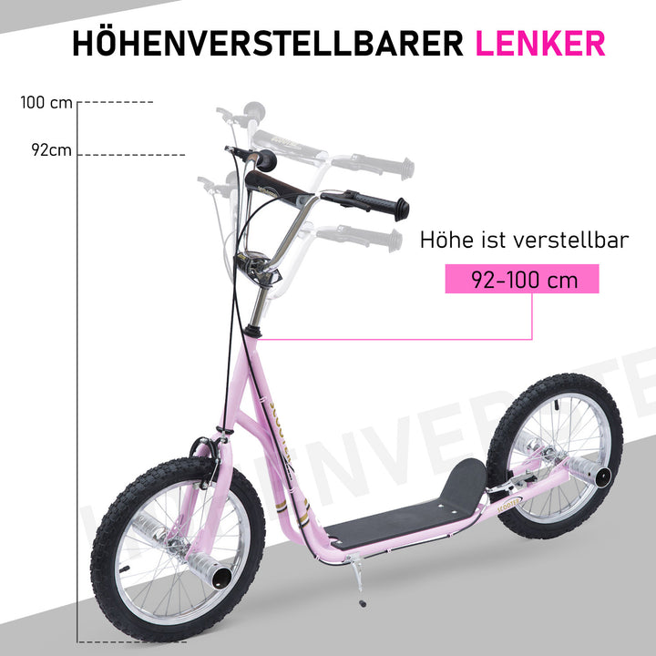 Børneløbehjul med luftgummidæk, løbehjul, city scooter til børn, kickboard, 16 tommer, fra 5 år, højdejusterbar, pink, 143 x 58 x 92-100 cm