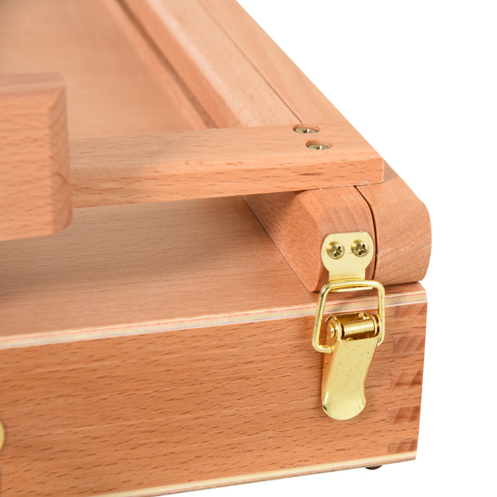 Staffeli, båreramme, kuffertstaffeli, studiestaffeli, vinkeljusterbart, foldbart med skuffe, naturligt bøgetræ, 42 x 36 x 12,5 cm