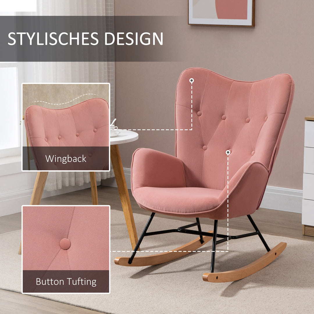 Gyngestol med quiltning, træløbere, fløjlslook, op til 150 kg, lyserød