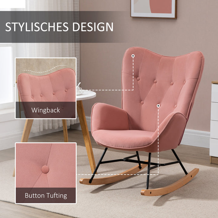 Gyngestol med quiltning, træløbere, fløjlslook, op til 150 kg, lyserød