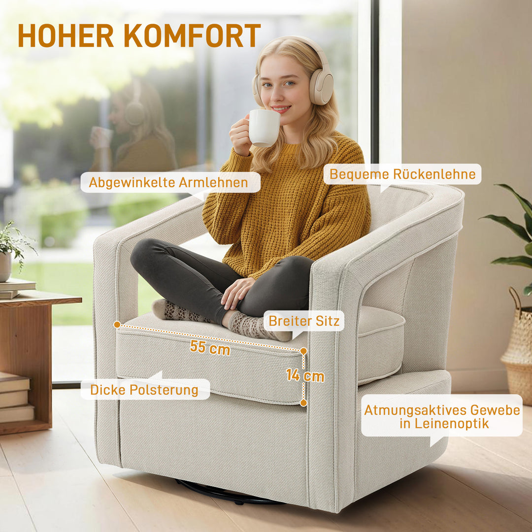 Lænestol til stuen, 360° drejelig loungestol, lænestol med ryglæn og armlæn i ét stykke, 77 x 75 x 72 cm, beige