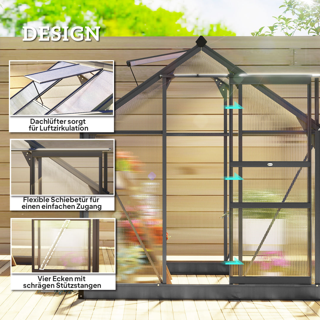 Aluminiumsdrivhus 3,65m² 190x192x201cm med fundament, tagvindue, skydedør, 4 mm UV-bestandige paneler, egnet til dyrkning af tomater, planter og som kold ramme til udendørs havebrug.