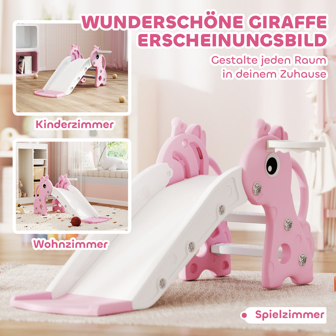 3-i-1 rutsjebane til børn, girafformet, basketballkurv, bold, pink