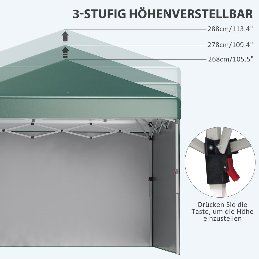Foldbar pavillon, 2 sidepaneler, højdejusterbar, med bæretaske, stel i rustfrit stål, 3 x 3 m, grøn