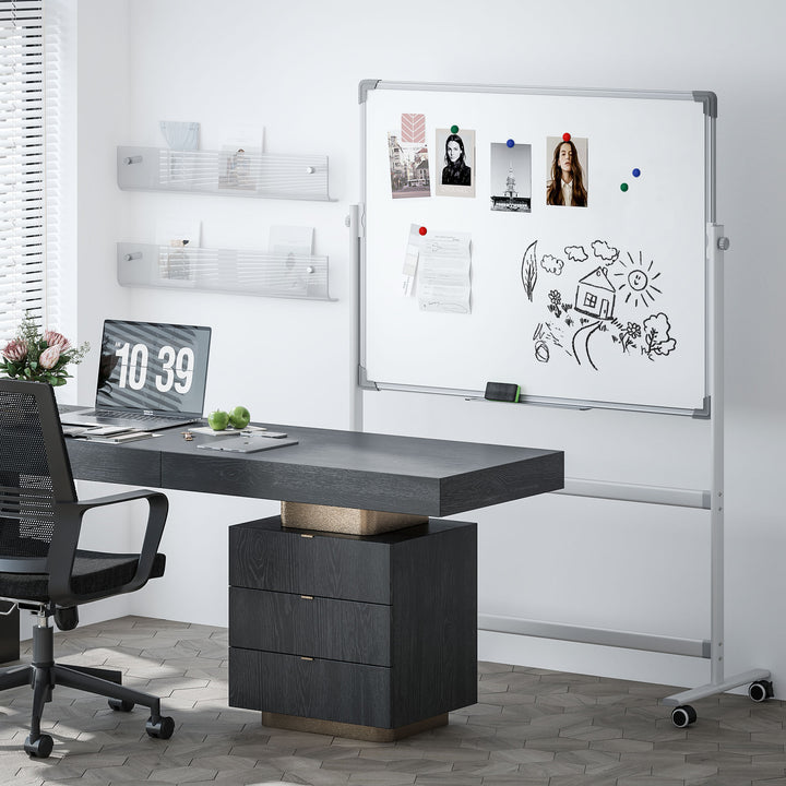 Whiteboardtavle, 120 x 90 cm, magnetisk, roterbar, mobil, inkl. tusch og svamp, metalramme, hvid