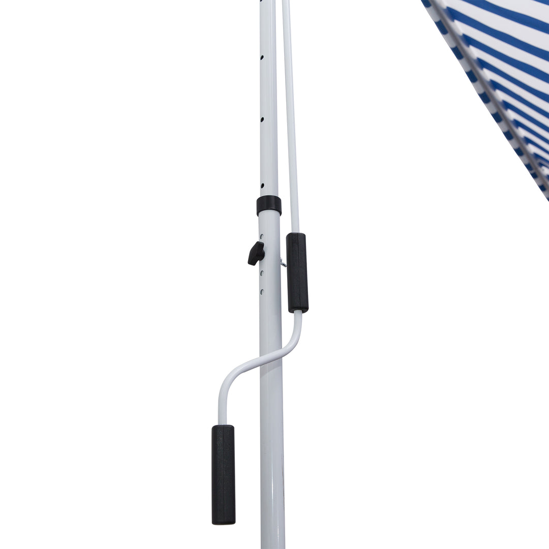 Klemmemarkise med håndsving, højdejusterbar, leddelt armmarkise, smudsafvisende, vejrbestandig, balkonmarkise, 150 cm bred, terrassemarkise til terrasse, altan, veranda, blå og hvid