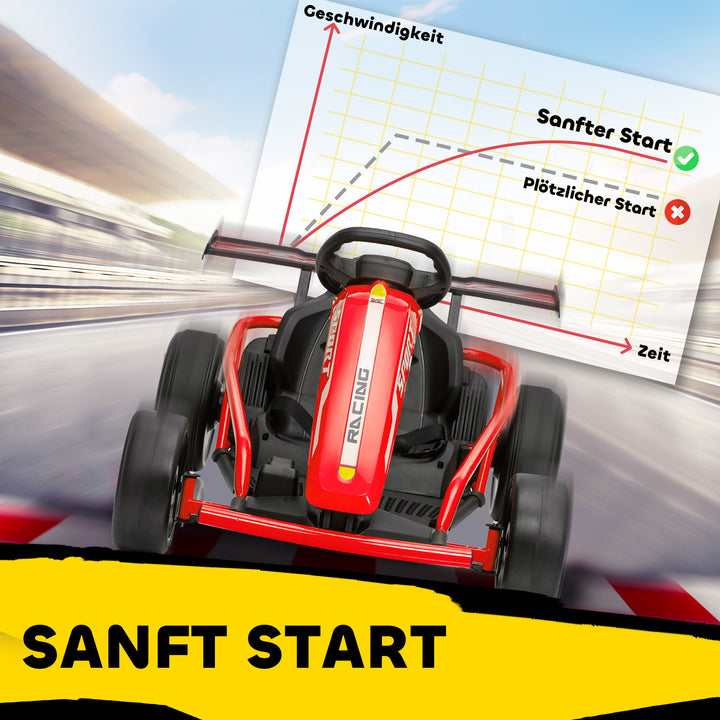 24V elektrisk gokart til kørsel og drifting, nylondæk, sikkerhedssele, horn, musik, til alderen 8-12, rød