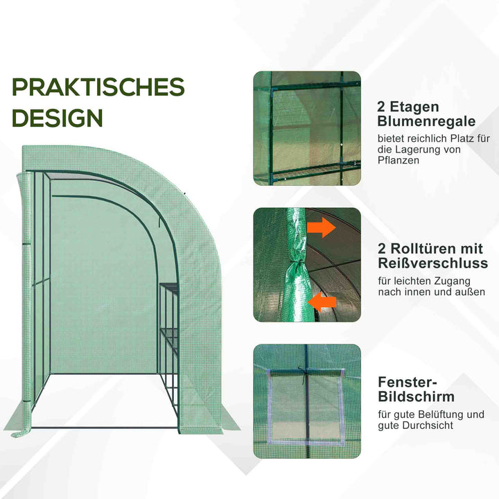 Drivhus, havedrivhus med plastikdæksel, uv-bestandigt, 3 etager, lynlåsdøre, grøn