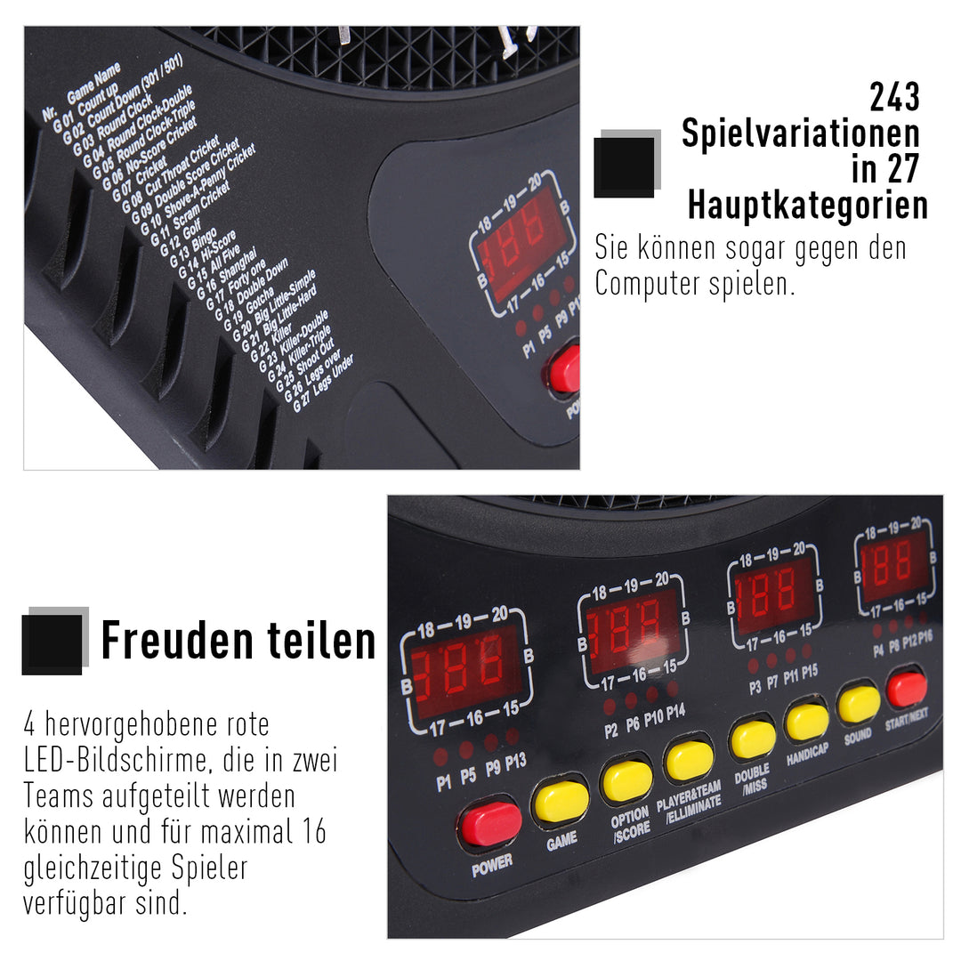 Elektronisk dartskivesæt med LED-display, automatisk scoring, lydeffekter, 6 pile, 24 pilhoveder, 27 spil og 243 scoringsmuligheder til 16 spillere, 44 x 51,5 x 3,2 cm