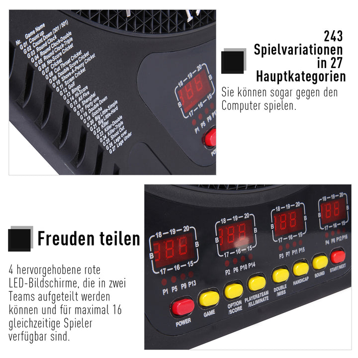 Elektronisk dartskivesæt med LED-display, automatisk scoring, lydeffekter, 6 pile, 24 pilhoveder, 27 spil og 243 scoringsmuligheder til 16 spillere, 44 x 51,5 x 3,2 cm