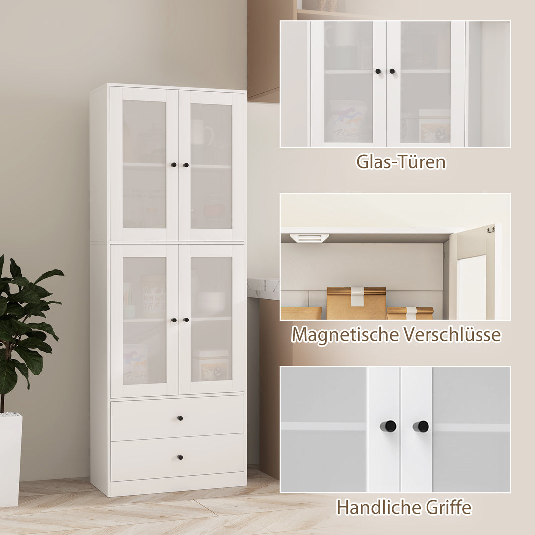 Køkkenskab med skuffer og vitrinelåger, melaminoverflade, hvid