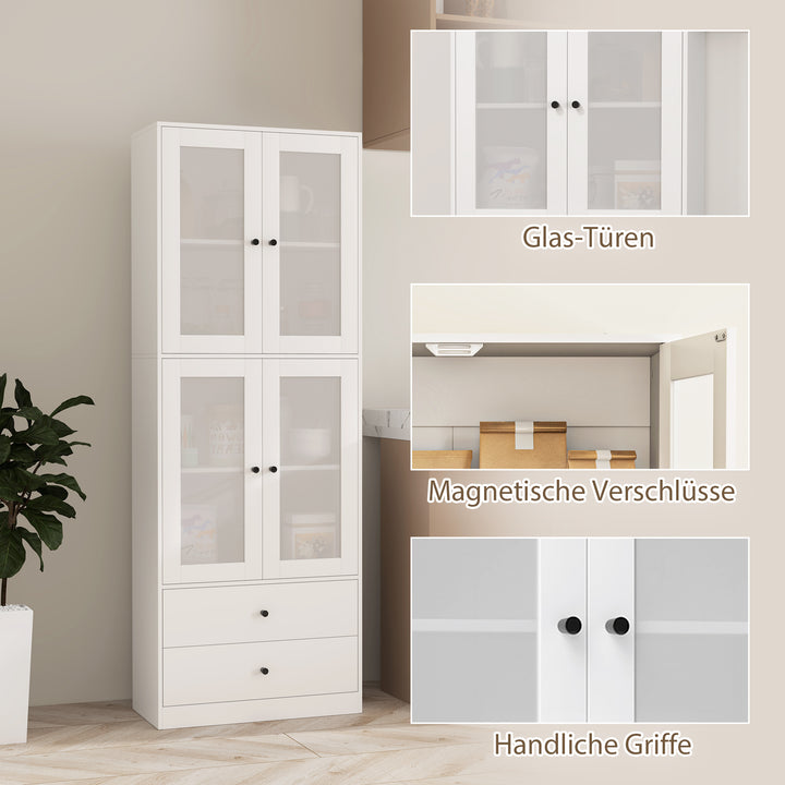 Køkkenskab med skuffer og vitrinelåger, melaminoverflade, hvid