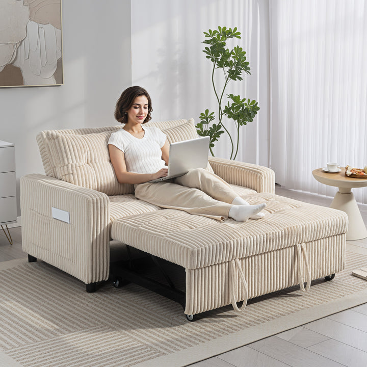 2-personers sovesofa, fløjlsbetræk, kan laves om til en sovesofa, 2 hynder, sidelommer, 157 x 190 cm, cremehvid