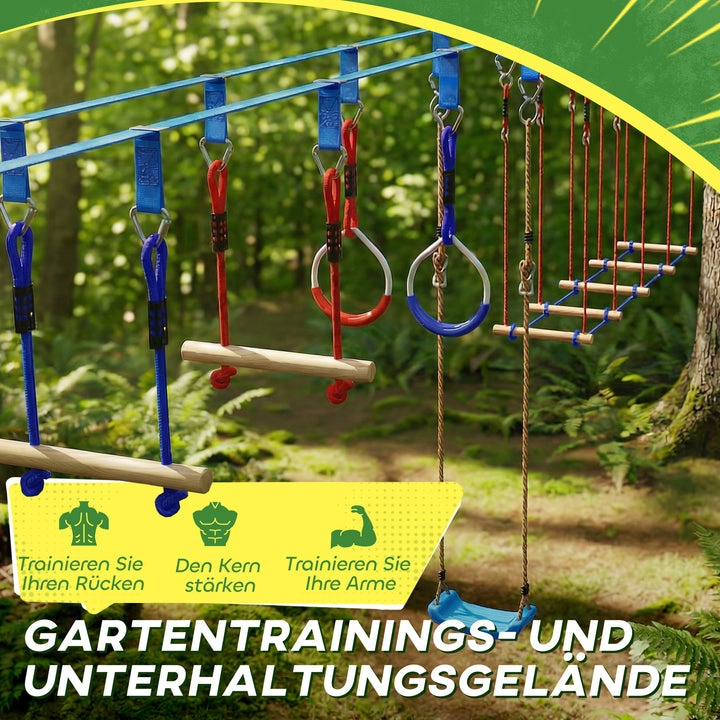 Ninja Line Kids 24m Slackline-sæt med gymnastikringe, 7 forhindringer, klatrestang og balancebro til alderen 3-6