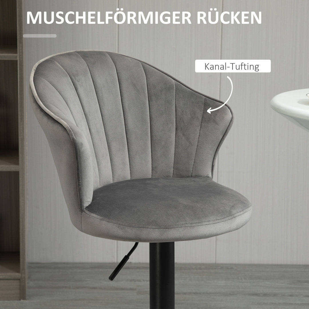 Sæt med 2 barstole, drejestole med ryglæn, velourbetræk, bistroskammel, højdejusterbar barskammel, armløs, skum, grå, 54 x 56 x 91-111 cm