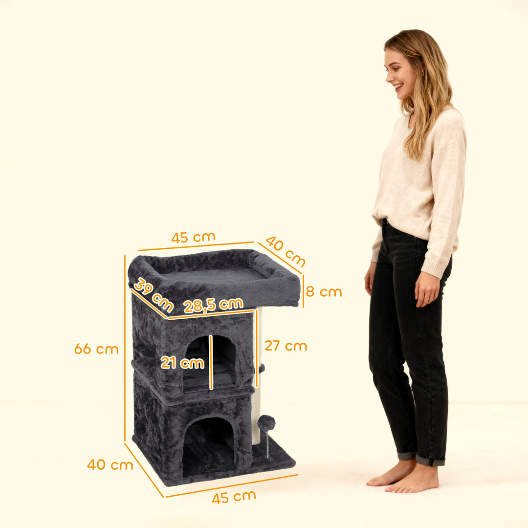 Kradsetræ til katte, kattetårn, 2 huler, platform, sisalstolper, kompakt, mørkegrå