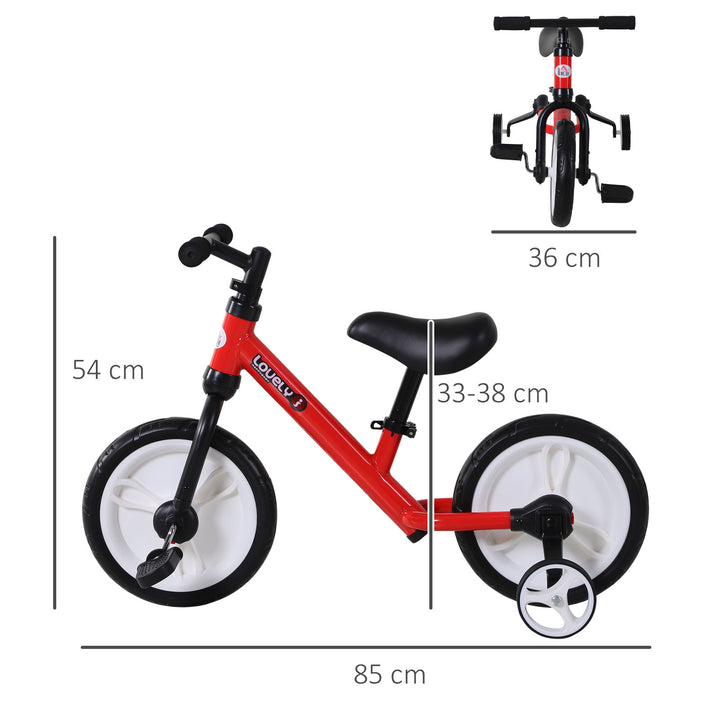 Børnebalancecykel, lærecykel, børnecykel, 2-i-1, børnecykel med støttehjul og pedaler, 2-5 år, sædehøjdejusterbar, pp, rød, 85 x b36 x h54 cm