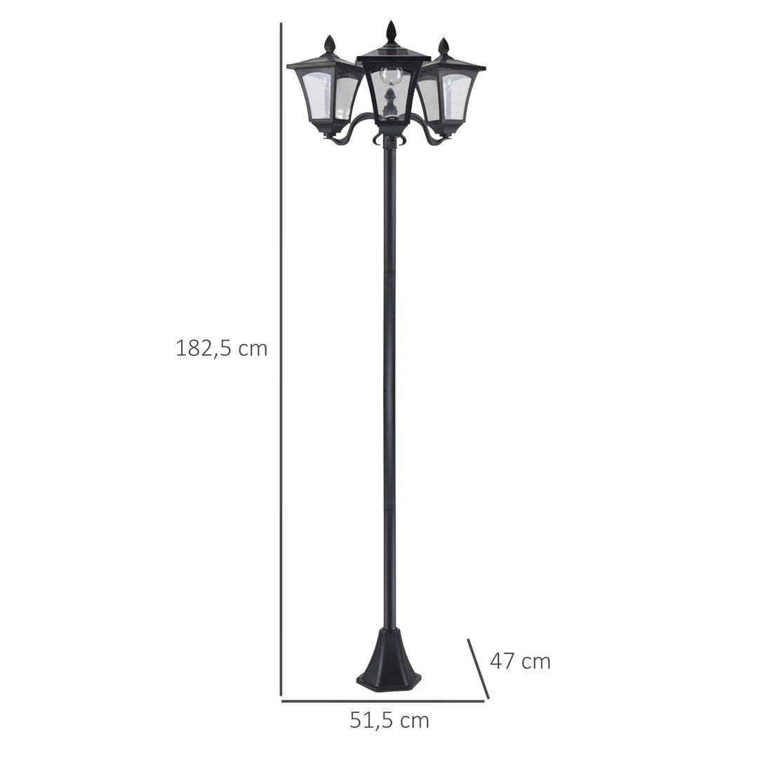 Solcellehavelanterne med 3 lys, lanternestang i rustfrit stål, solcellelanterne med LED 120 lumen, 51,5x47x182,5 cm, stilampe IP44 til havebalkon, sort
