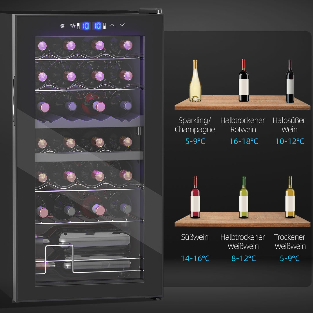Lille vinkøleskab, minikøleskab til 28 flasker, 74 liters kapacitet, glasdør, led-belysning, touchskærm