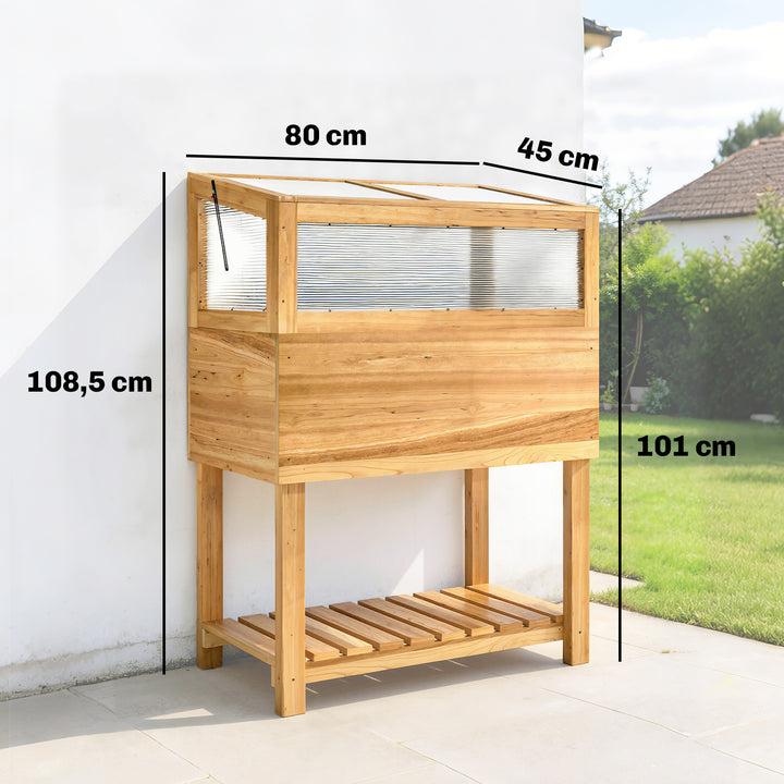 Højbed med træramme, hævet plantekasse med hængslet låg, hylde, fiberdug, ergonomisk design