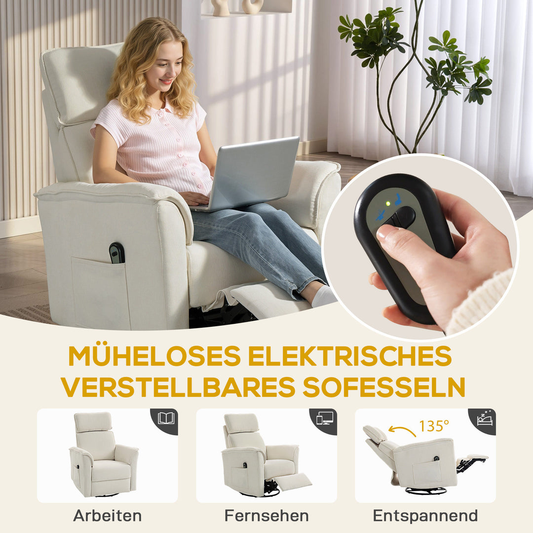 Elektrisk lænestol med lænefunktion, justerbar ryglæn, nakkestøtte til stue, cremehvid