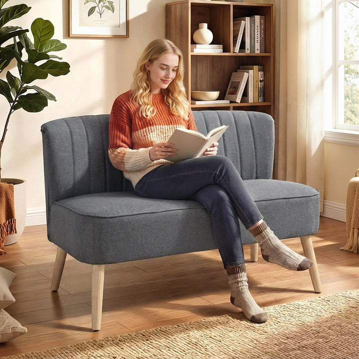 2-personers sofa, polstret sofa med linnedlook, træstel, til stue/soveværelse, 117 cm, grå