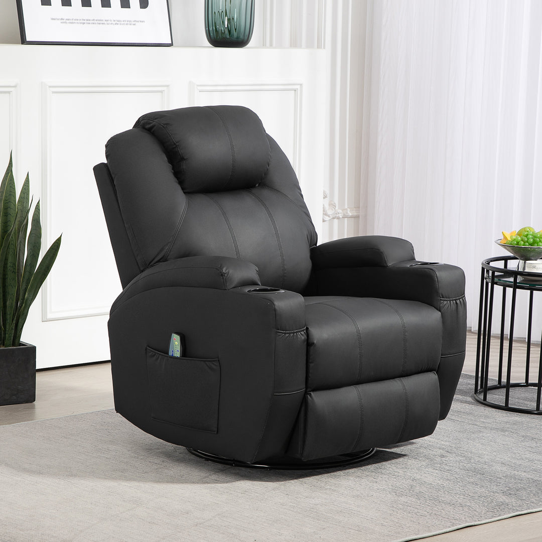 Lænestol med massagefunktion, vipbart ryglæn, drejelig, op til 150 kg, kunstlæder, sort