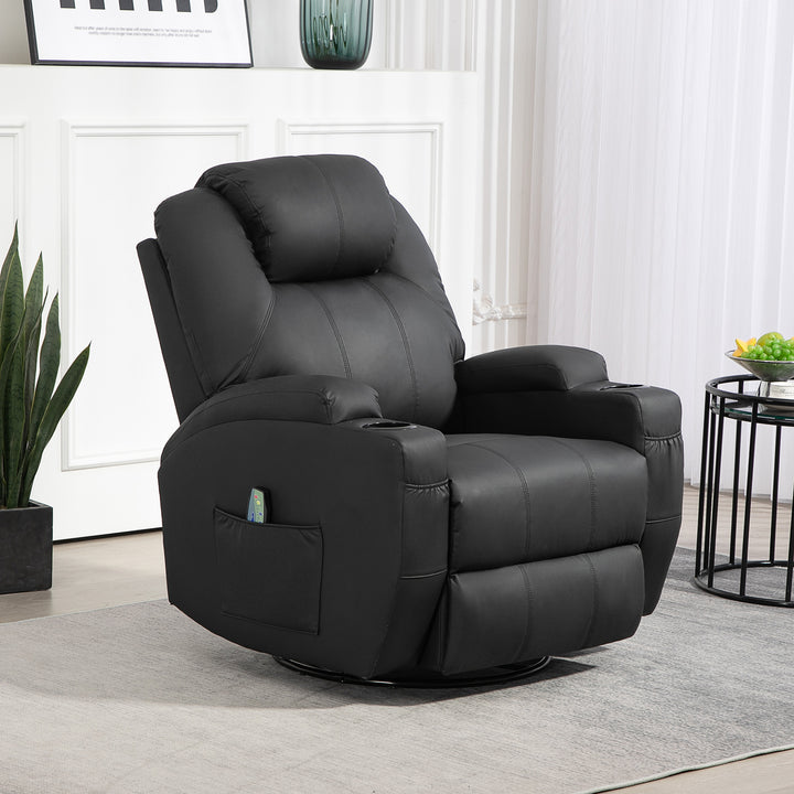 Lænestol med massagefunktion, vipbart ryglæn, drejelig, op til 150 kg, kunstlæder, sort