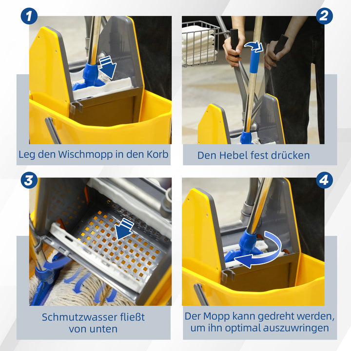 Rengøringsvogn, moppevogn, 25 l kapacitet, 4 hjul, plastik, gul