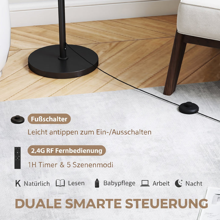 Dæmpbar gulvlampe med linnedskærm, E27, højdejusterbar, sort