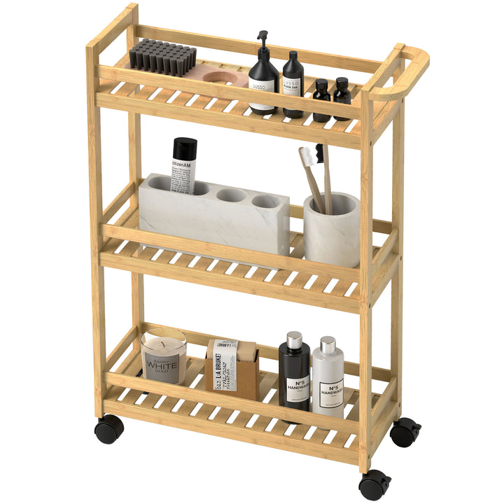 Serveringsvogn, 3 niveauer, lamelhylder, faldsikring, bambus, 55 x 20 x 75 cm