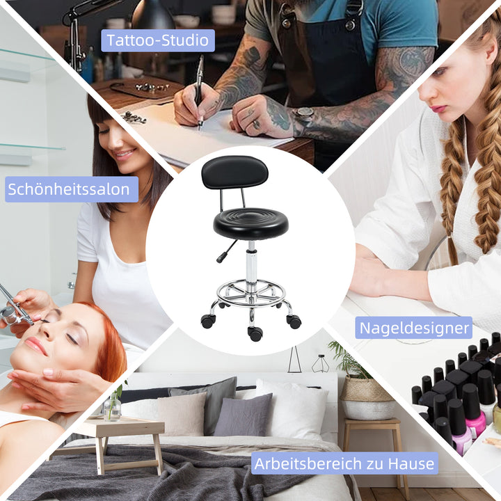 Rullende skammel, drejelig og justerbar skammel med ryglæn, betræk i kunstlæder, fodstøtte, til sminkeborde, sort