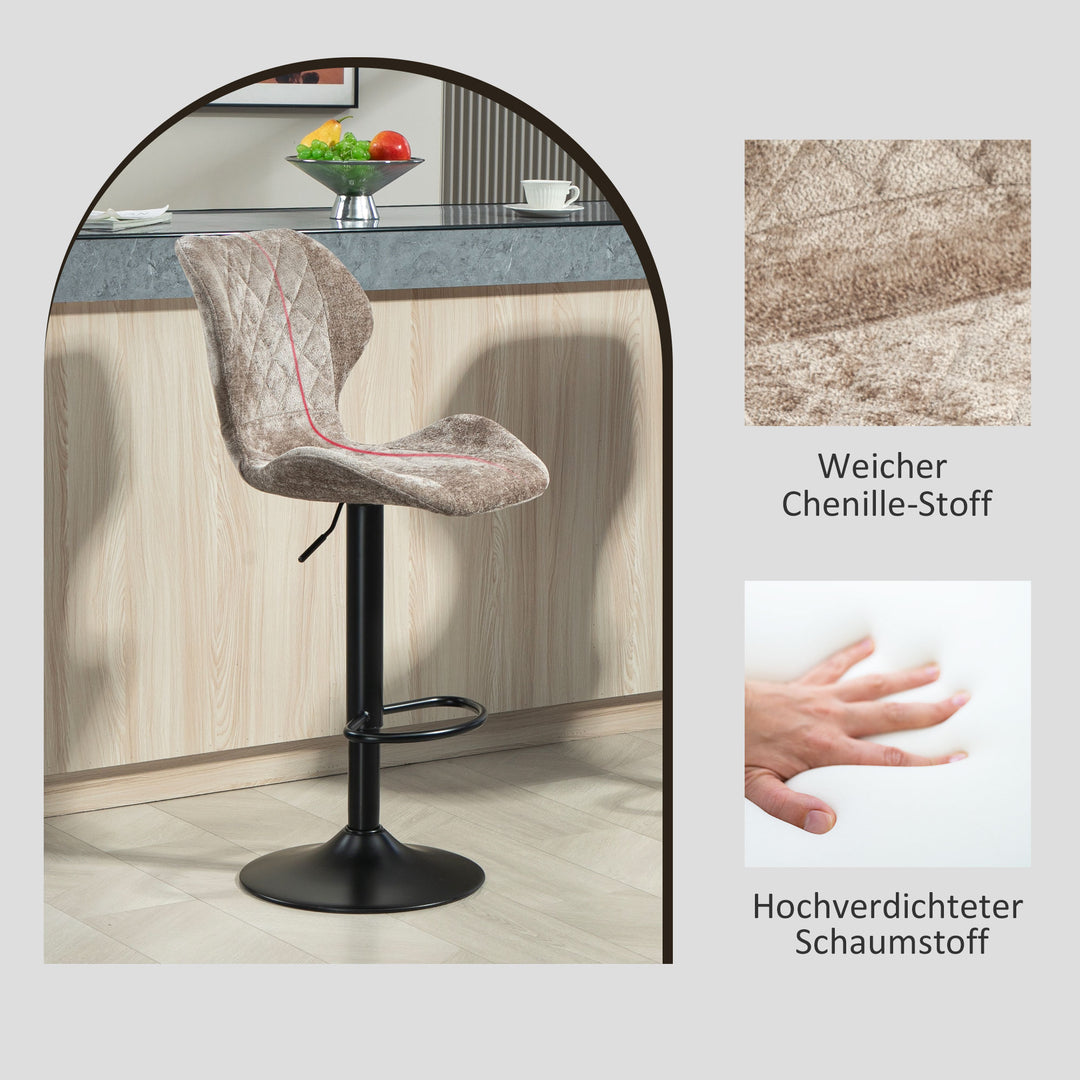 Barstole sæt med 2, højdejusterbare køkkenstole med ryglæn, gasløft, fodstøtte, drejefunktion, brun