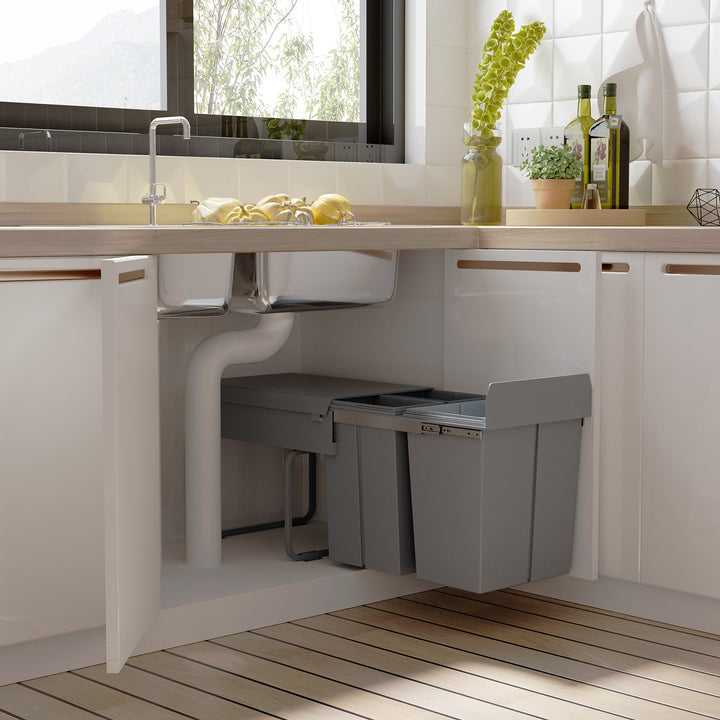 Skraldespandkonstruktion med 3 affaldsbeholdere til affaldssortering, skinnesystem, installerbar, sæt med 3 affaldsbeholdere, grå