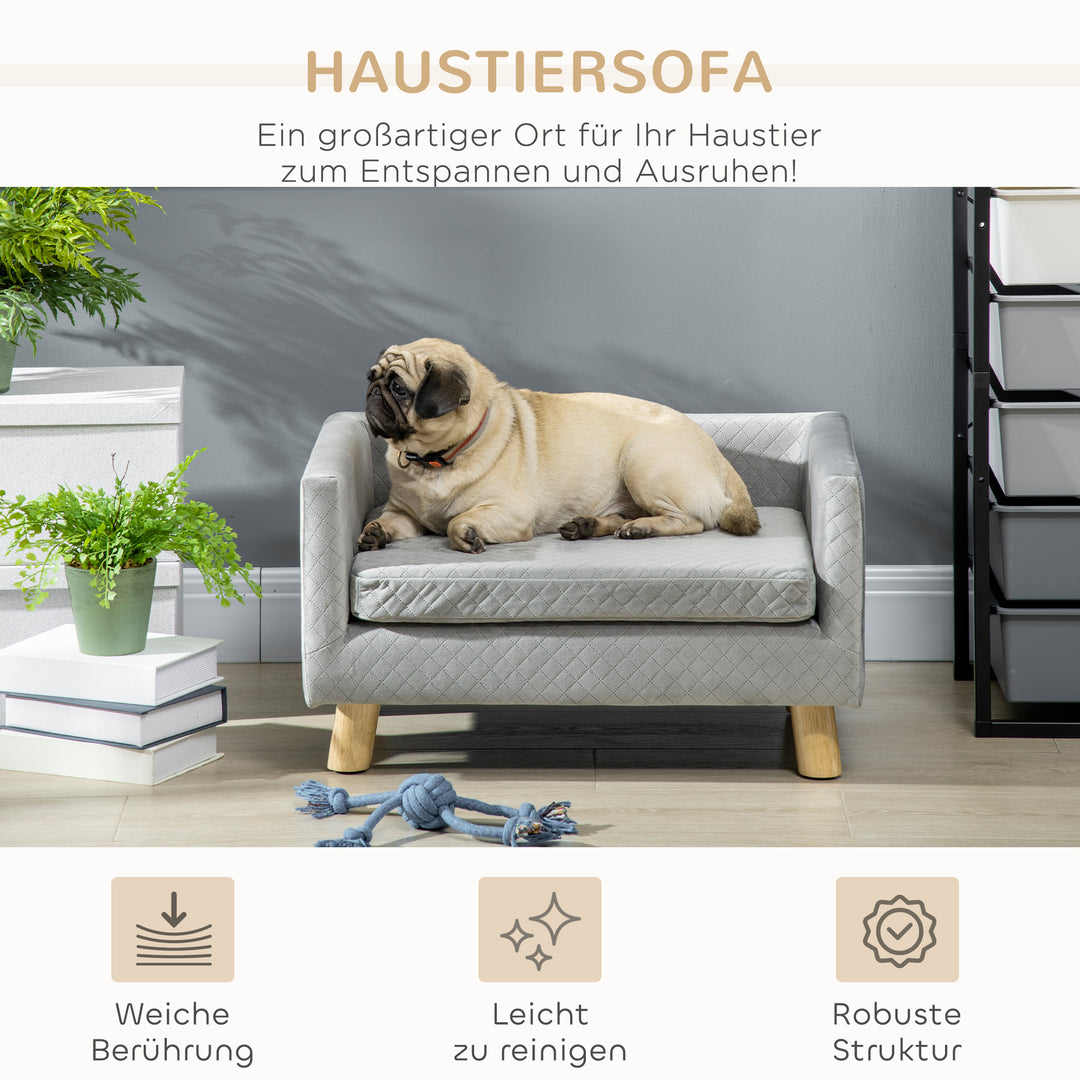 Hundesofa med træben, hundeseng, kæledyrssofa, hundemåtte til små hunde op til 8 kg, fløjlsagtig, grå, 64 x 45 x 36 cm