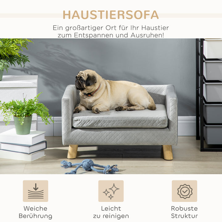 Hundesofa med træben, hundeseng, kæledyrssofa, hundemåtte til små hunde op til 8 kg, fløjlsagtig, grå, 64 x 45 x 36 cm