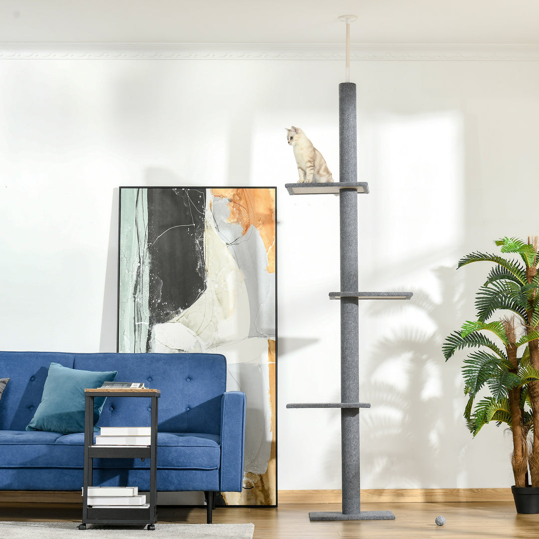 Kradsetræ lofthøjde, 228-260 cm højdejusterbart kradsetræ klatretræ til katte med 3 niveauer, kradsetræ til katte, legetræ fra gulv til loft grå