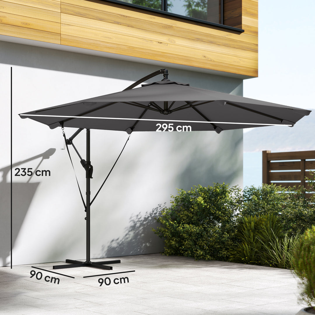 Fritstående parasol ca. Ø300 cm, vipbar, med håndsving, krydsfod, vindreb, beskyttelsesovertræk, mørkegrå