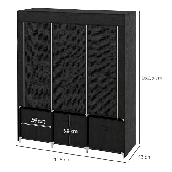 Stofgarderobe lavet af non-woven materiale, sammenklappelig garderobe, inklusive 3 skuffer, 125 cm x 43 cm x 162,5 cm, sort