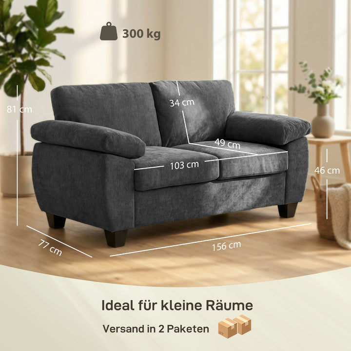 2-personers sofa, 156 cm chenillesofa med tykke fjederkernehynder, brede polstrede armlæn, 300 kg lasteevne, mørkegrå