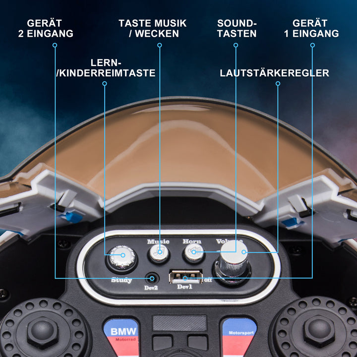 El-motorcykel til børn med forlygter og 3 musiktilstande, til børn 1,5-5 år, blå, 82,5 x 42 x 54 cm