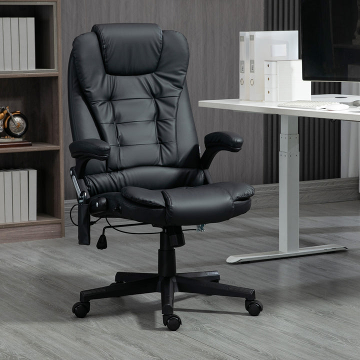Massage kontorstol, executive chair med 6-punkts vibrationsmassage og varmefunktion, drejelig gamingstol, kunstlæder, 70 x 70 x 111-121 cm, sort