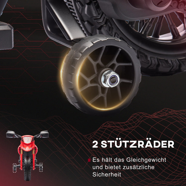 Elmotorcykel til børn, 6v batteridrevet, støttehjul, horn, startlyd, alder 3-8, rød