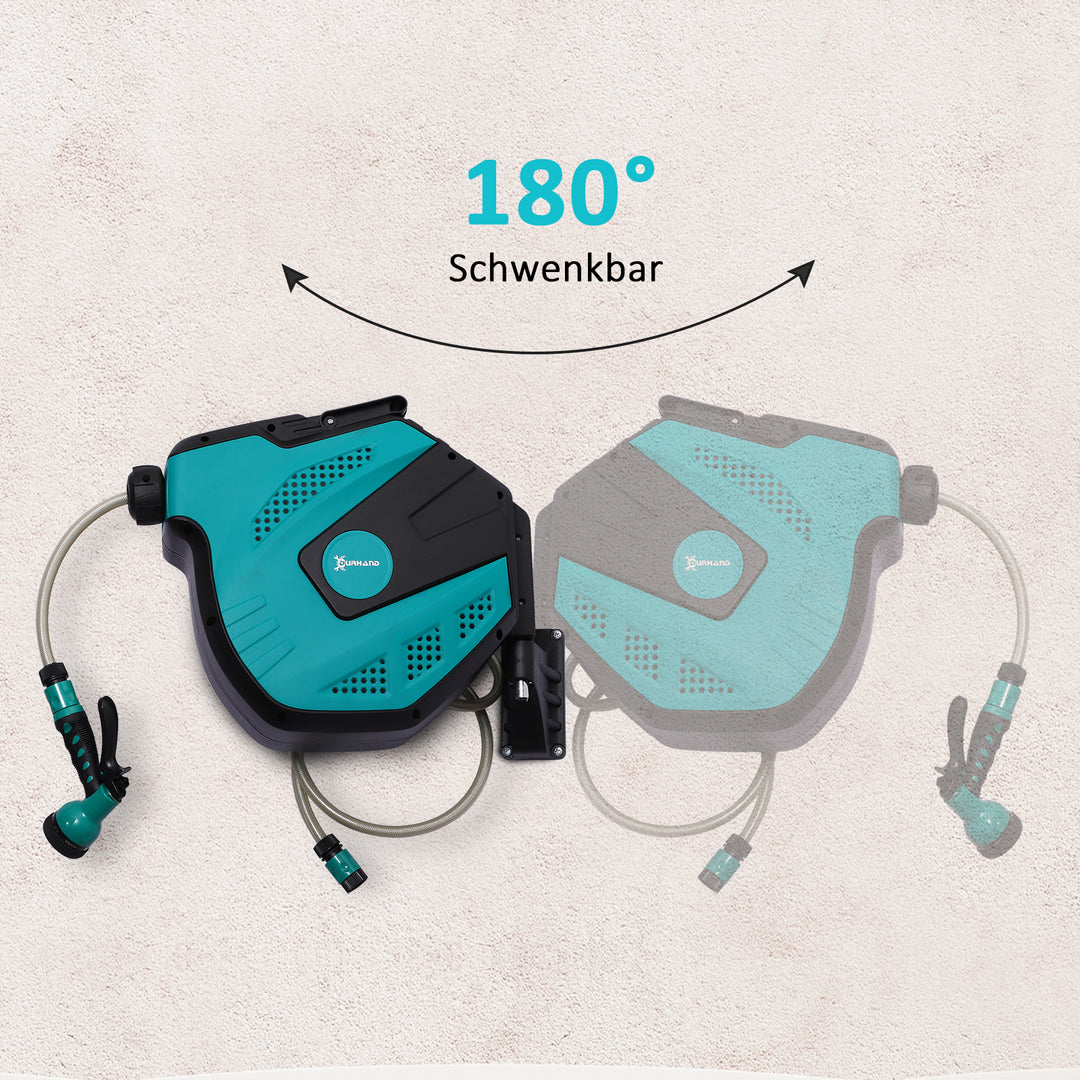 Vægmonteret slangeopruller, 180° drejelig med multibruser, frostbeskyttelse -5–45°c, plast, grøn + sort, 15 m