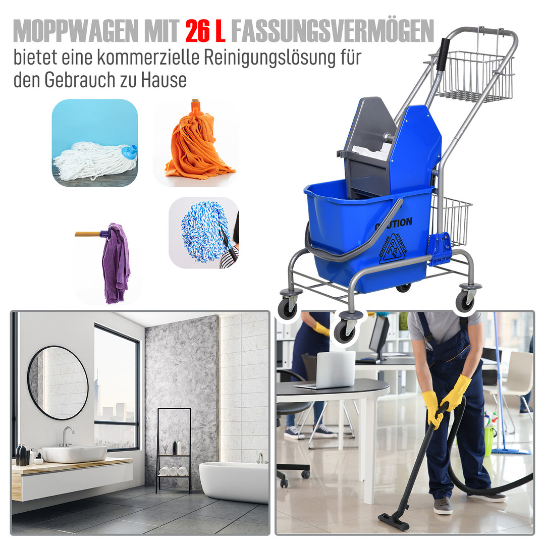 Rengøringsspand, moppespand, på hjul, plastik, metalhåndtag, blå
