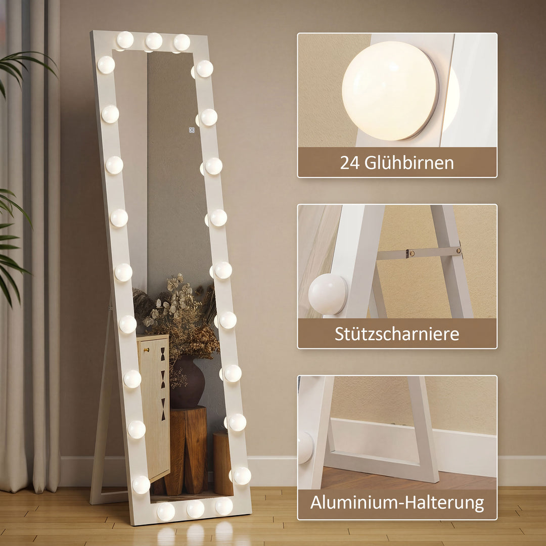 Helfigursspejl 150x40 cm LED-spejl med 24 lyspærer, 3 lysfarver, fritstående eller lænende, hvid