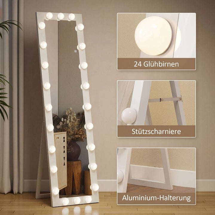Helfigursspejl 150x40 cm LED-spejl med 24 lyspærer, 3 lysfarver, fritstående eller lænende, hvid