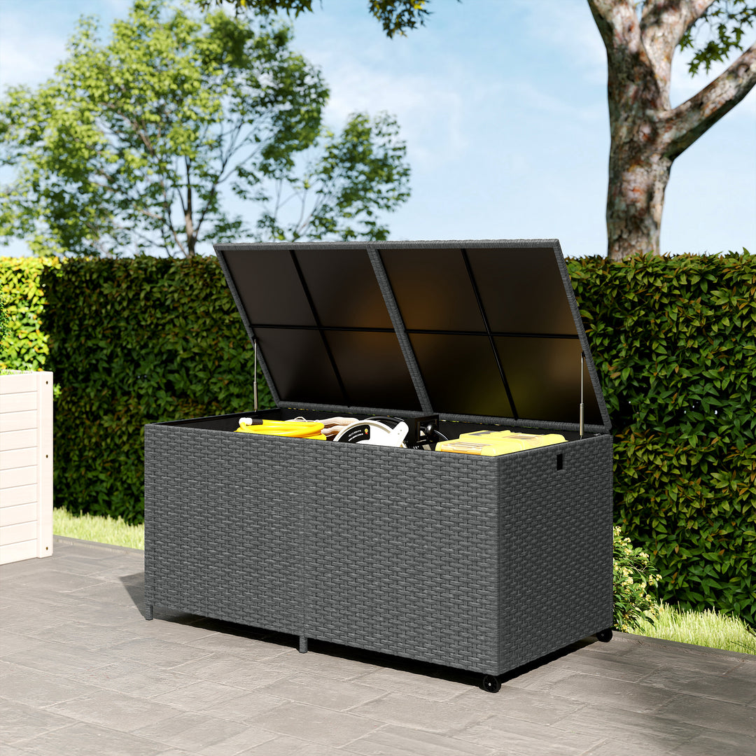 Rattan opbevaringskasse 650L, vejrbestandig, UV-bestandig, hyndekasse med låg, hjul, opbevaringsplads 150 x 75 x 74 cm, mørkegrå